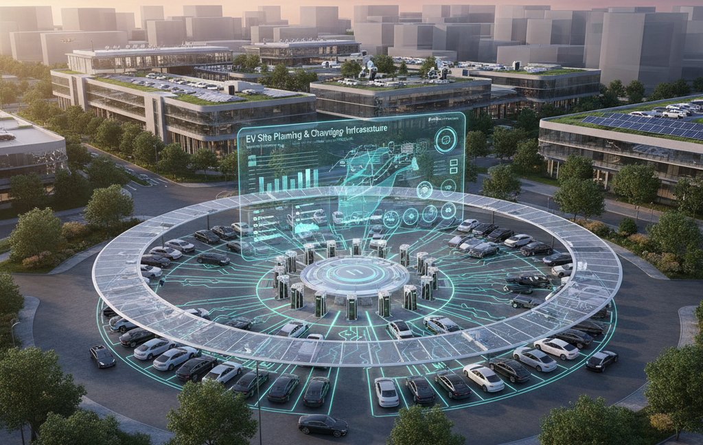 EV charging site with multiple charge points, grid infrastructure, and optimised vehicle routing